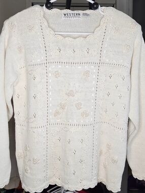 Vtg Western Connection Cream Floral Embroidered Sweater w/ Shoulder Pads Size S